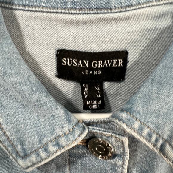 Susan Graver Stretch Denim Jacket with Contrast Trim Light Wash, Large - Picture 3 of 8